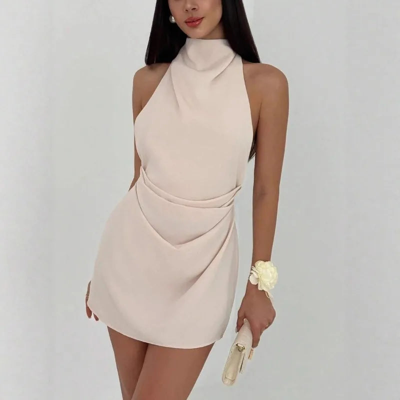 Satin Mini Dress Women High Neck Backless Sleeveless Wrap Short Dress Elegant Solid Color Cocktail Party Club Evening Outfit