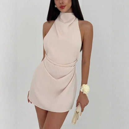 Satin Mini Dress Women High Neck Backless Sleeveless Wrap Short Dress Elegant Solid Color Cocktail Party Club Evening Outfit