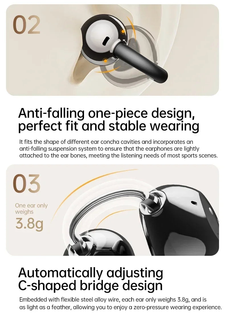Portable Ear Clip Style Open Ear Earbuds Wireless Bluetooth Stereo Audio Clear HD Calls Touch ControlledHeadphones for Sports
