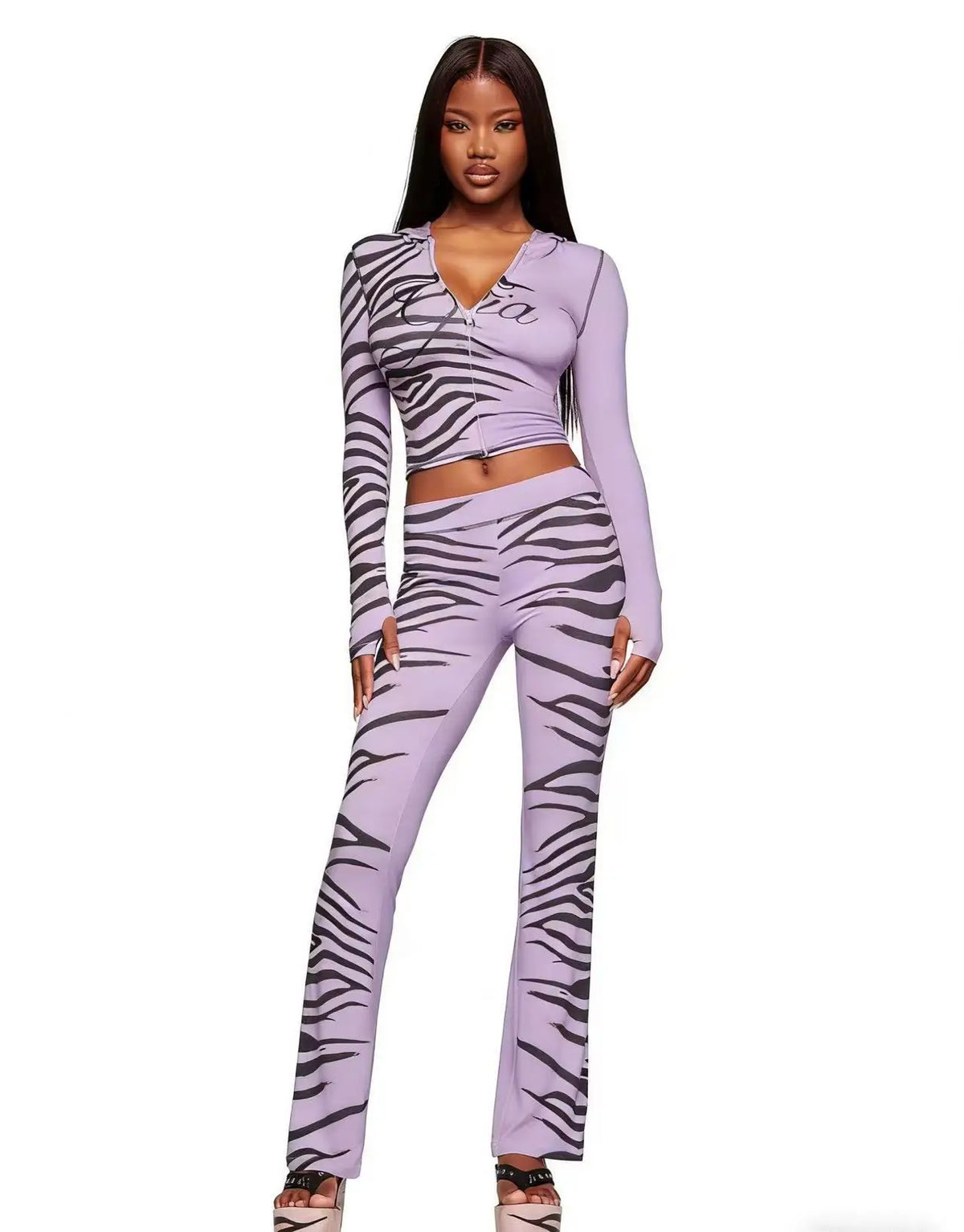 Women's Animal Print 2 Piece Outfit Long Sleeve Crop Top and Matching Pants Set Trendy Bodycon Clubwear Streetwear Fashion Look