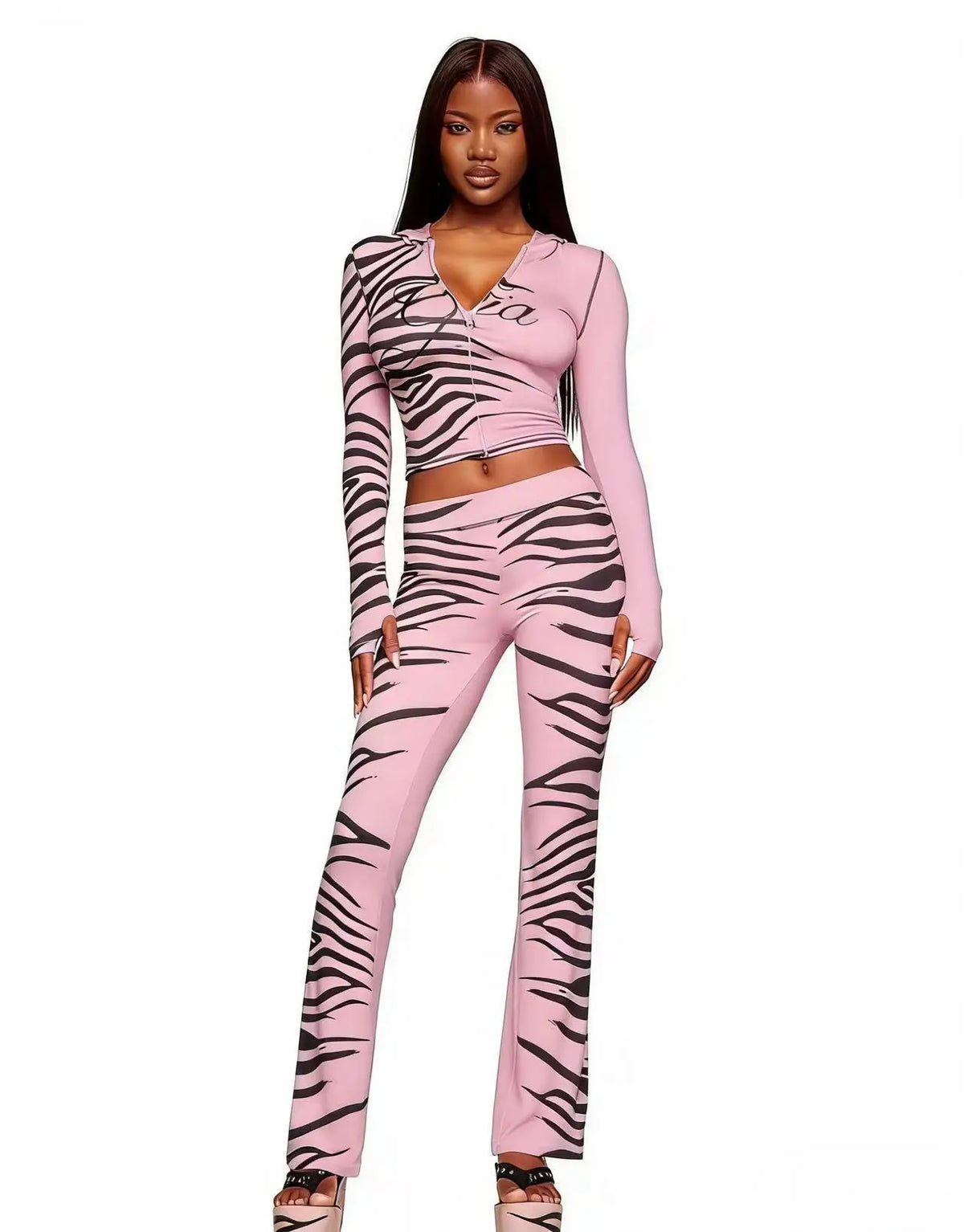 Women's Animal Print 2 Piece Outfit Long Sleeve Crop Top and Matching Pants Set Trendy Bodycon Clubwear Streetwear Fashion Look
