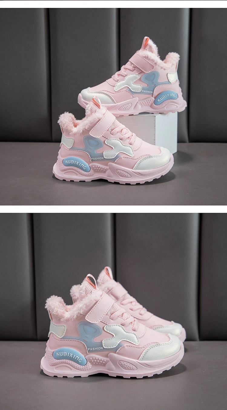 Children Winter Casual Shoes Warm Cotton Sneakers for Kids Fashion High-top Walking Shoe Boys Girls Plush Lining Winter Trainers