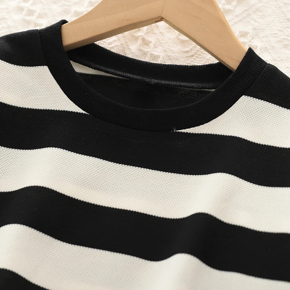 Kids Clothes Girls Autumn Korean-style Black And White Wide-striped T-shirt+Pants sets Children&