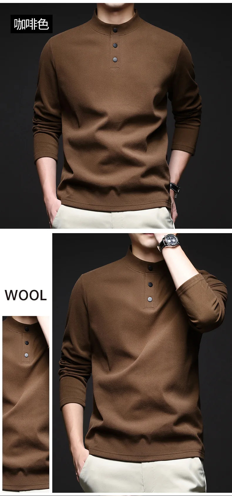 Men Mock Neck Henley Long Sleeve T Shirt Thick Warm Fleece Lined Casual Pullover Tops For Autumn Winter