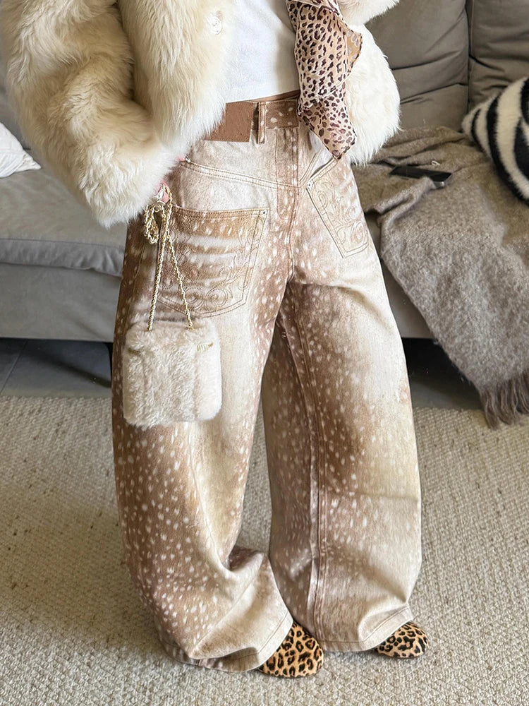 Women Deer Print Baggy Wide Leg Jeans Y2K Vintage High Waist Washed Denim Pants Embroidery Pocket Casual Streetwear Trousers