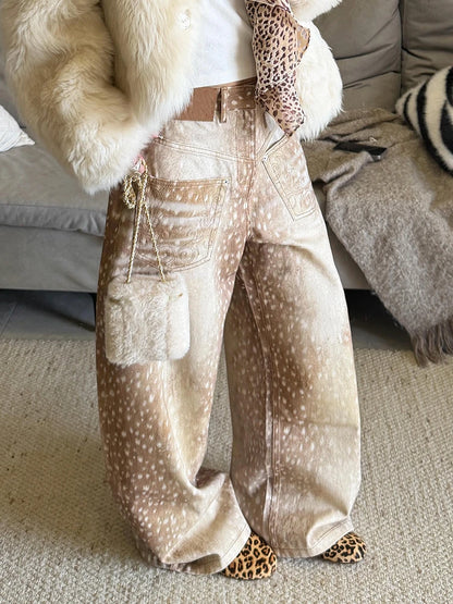 Women Deer Print Baggy Wide Leg Jeans Y2K Vintage High Waist Washed Denim Pants Embroidery Pocket Casual Streetwear Trousers