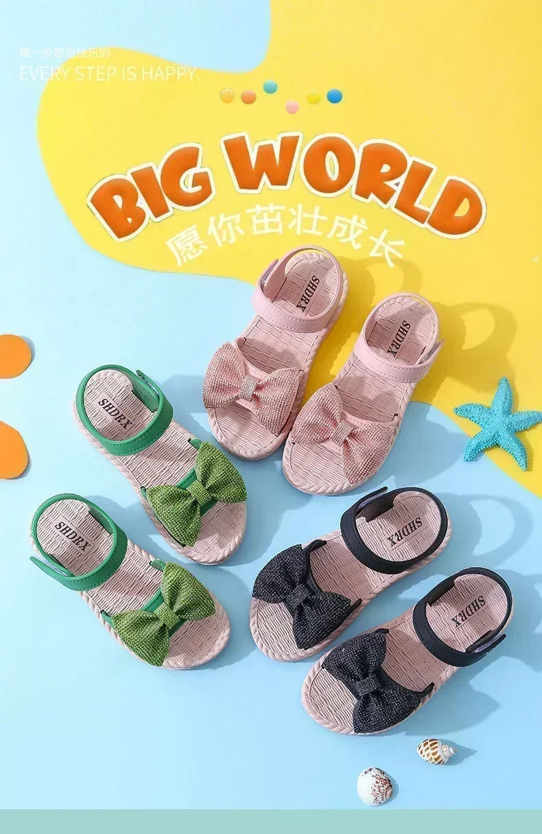 Kids Shoes Summer Sandals for Girls Bow Non-slip Soft Soled Versatile Solid Korean Children Sweet Princess Shoes Beach Sandals