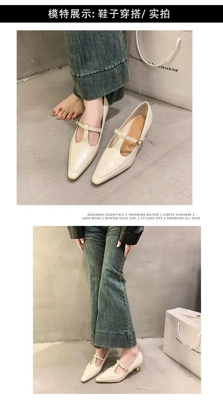 Women's Shoes Fashion Pointed Toe Buckle-heeled Single Shoes Retro Solid Color Medium Heels Casual Shallow Mouth Zapatos Mujer