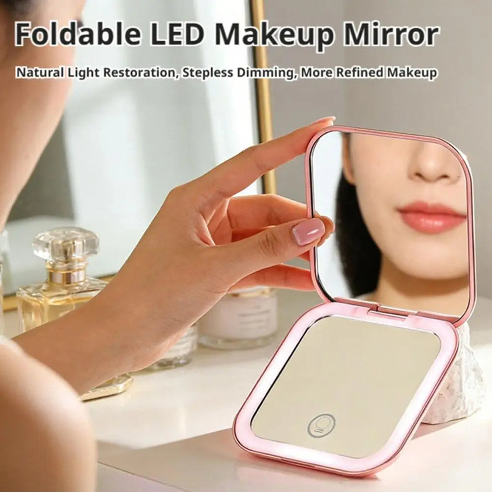 Rechargeable Handheld Mirror With 2X Magnification Portable Folding LED Makeup Mirror Pink Dual-Sided LED Lighted Makeup Mirror