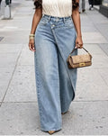 Wide Leg Jeans Women High Waist Asymmetrical Wrap Front Y2K Vintage Baggy Straight Long Denim Casual Plus Size Streetwear