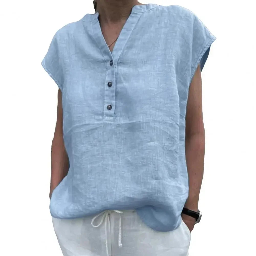 Women T-shirt Cotton Linen Summer Blouse Solid Color Simple Short Sleeve V Neck Quick Dry Daily Clothes Ropa Mujer Blusas