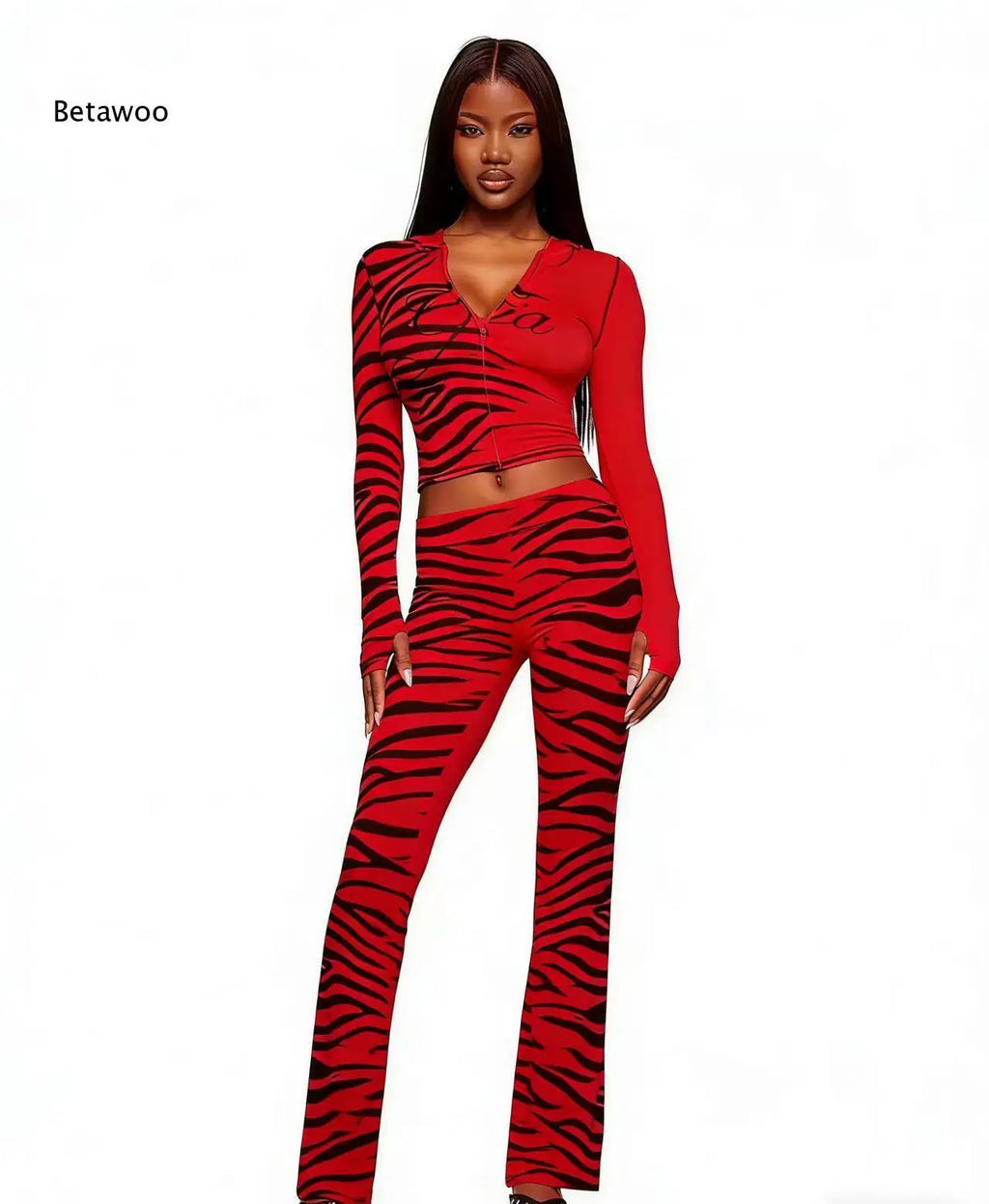 Women's Animal Print 2 Piece Outfit Long Sleeve Crop Top and Matching Pants Set Trendy Bodycon Clubwear Streetwear Fashion Look