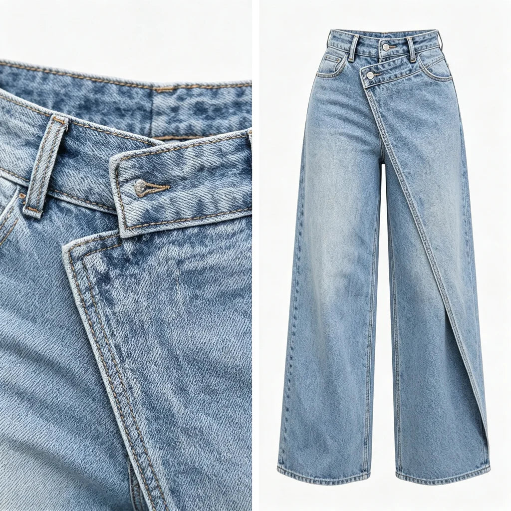 Wide Leg Jeans Women High Waist Asymmetrical Wrap Front Y2K Vintage Baggy Straight Long Denim Casual Plus Size Streetwear