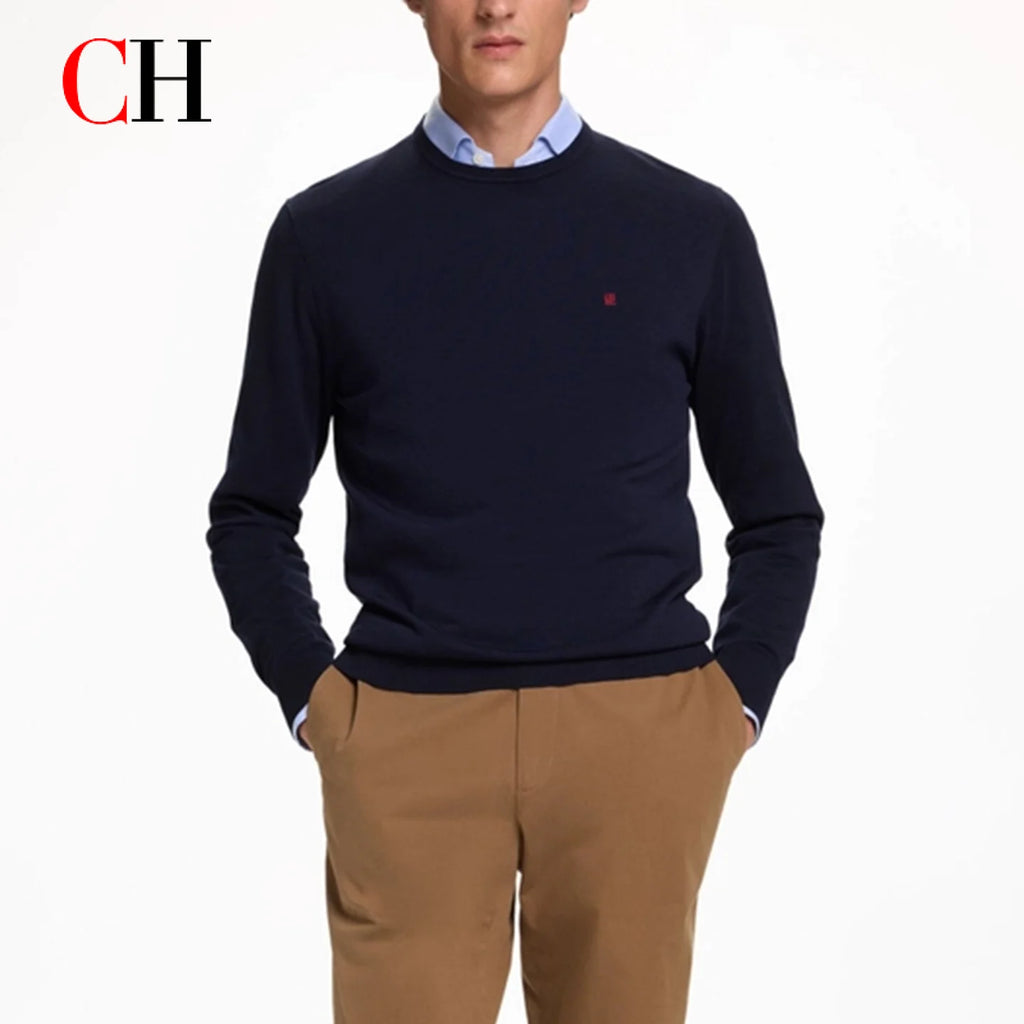 CH Men's  Crew Neck Sweater Slim Fit Long Sleeve Knit Pullover with Red Embroidery Business Casual Top