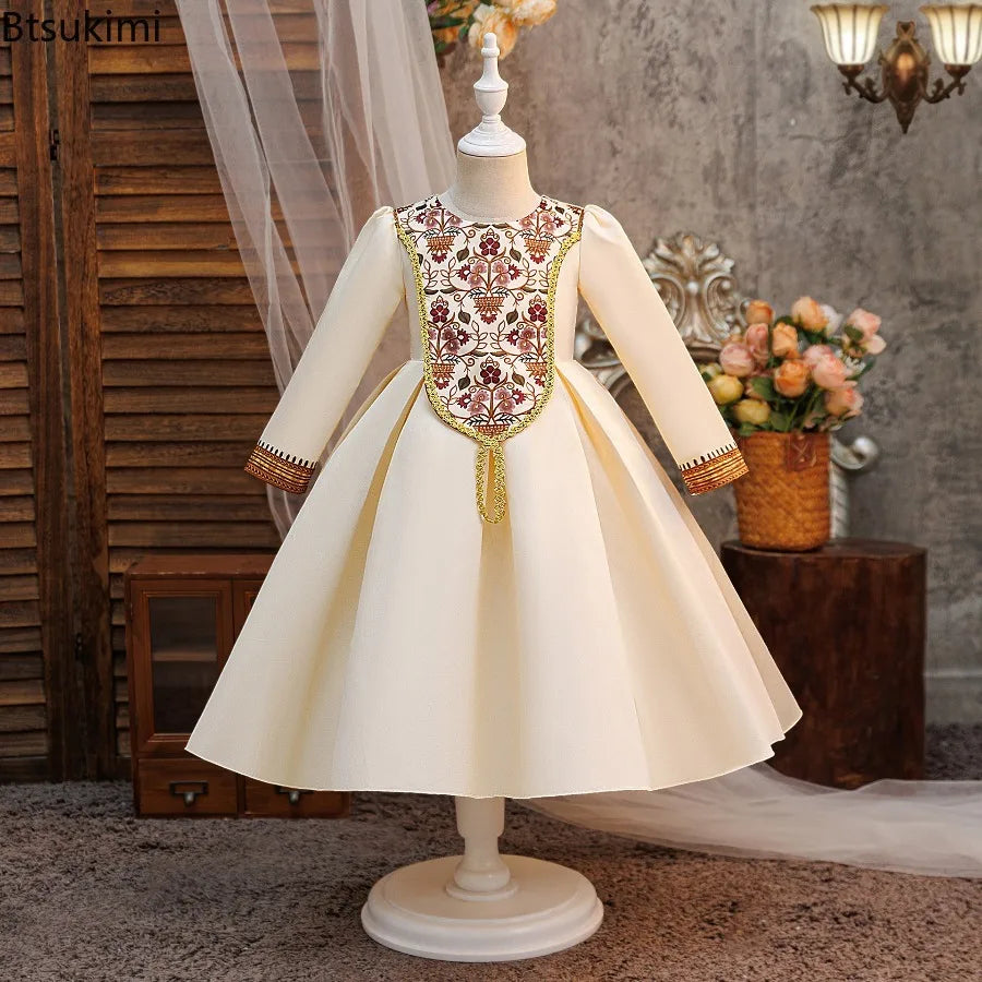 Kids Muslim Clothes Girls Long Sleeve Dressfashion Splice Print Robe Ramadan Party Dresses Dubai Morocco Gown for Birthday Gifts