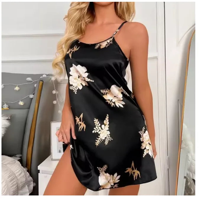 Women Nightwear Home Clothes Sexy Black Floral Printing Nightdress Sleepwear Nightshirts Silk Sleepshirts Nightgowns For Woman