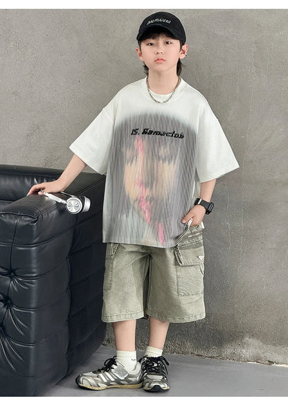 Korean Children Fashion Summer Clothes for Boy Streetwear Outfit Suit T-shirt Shorts Clothing Set Kids Street Top And Bottom Set