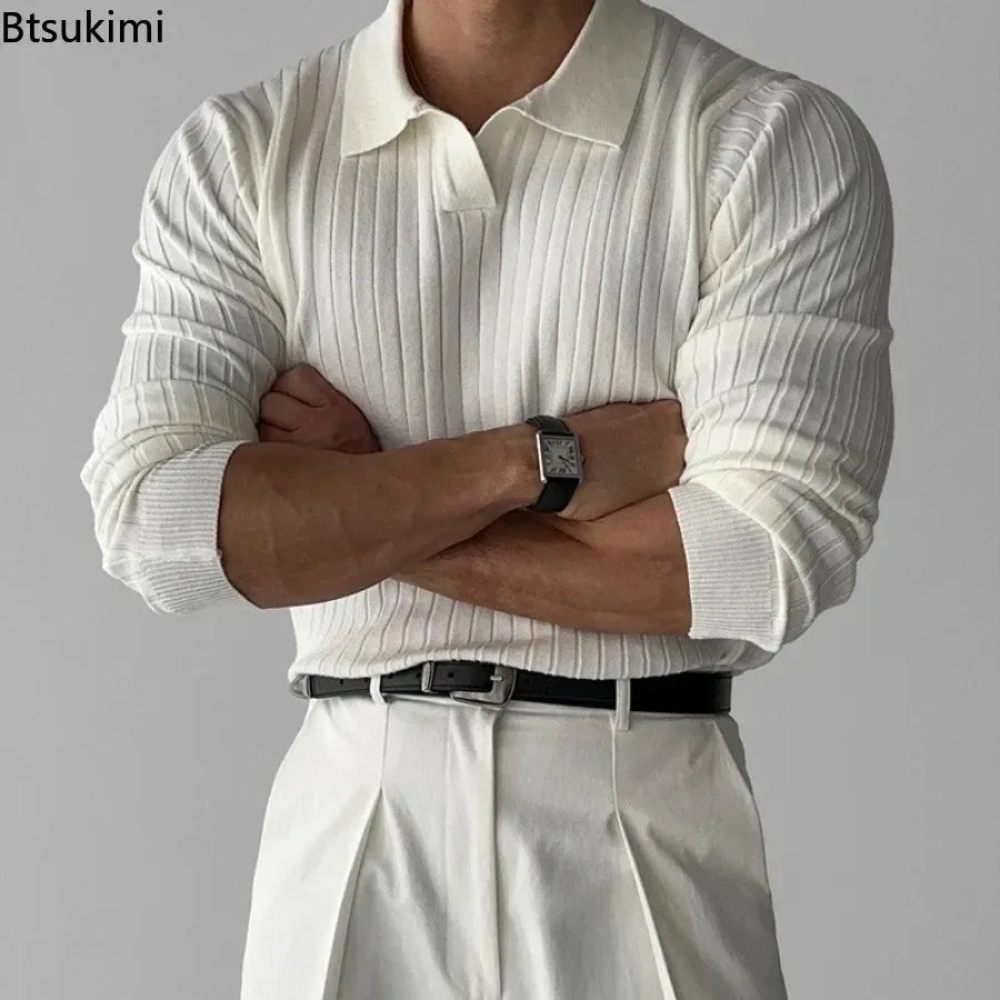 New 2026 Men's Knitted Long Sleeve Polo Shirt Fashion Slim Solid Lapel Sweaters Business Casual All-match Tops Men Wool Sweaters