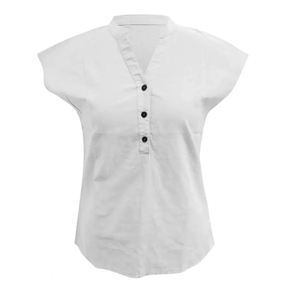 Women T-shirt Cotton Linen Summer Blouse Solid Color Simple Short Sleeve V Neck Quick Dry Daily Clothes Ropa Mujer Blusas