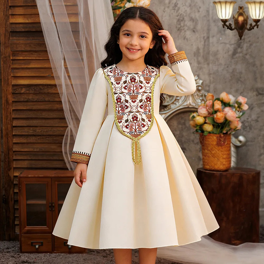 Kids Muslim Clothes Girls Long Sleeve Dressfashion Splice Print Robe Ramadan Party Dresses Dubai Morocco Gown for Birthday Gifts