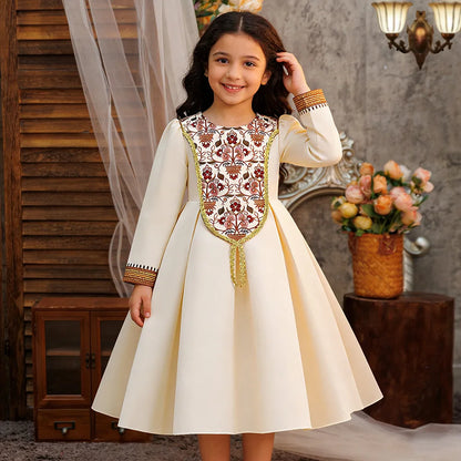 Kids Muslim Clothes Girls Long Sleeve Dressfashion Splice Print Robe Ramadan Party Dresses Dubai Morocco Gown for Birthday Gifts
