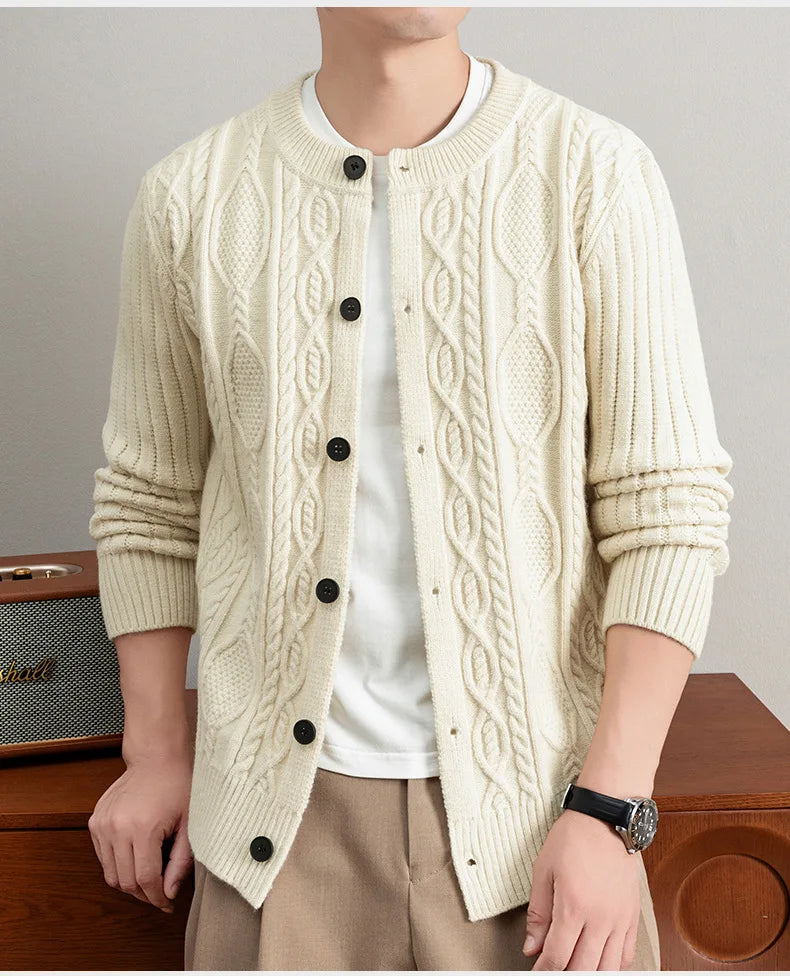 Men Cable Knit Cardigan Stand Collar Button Down Thick Warm Old Money Style Knit Coat For Autumn Winter
