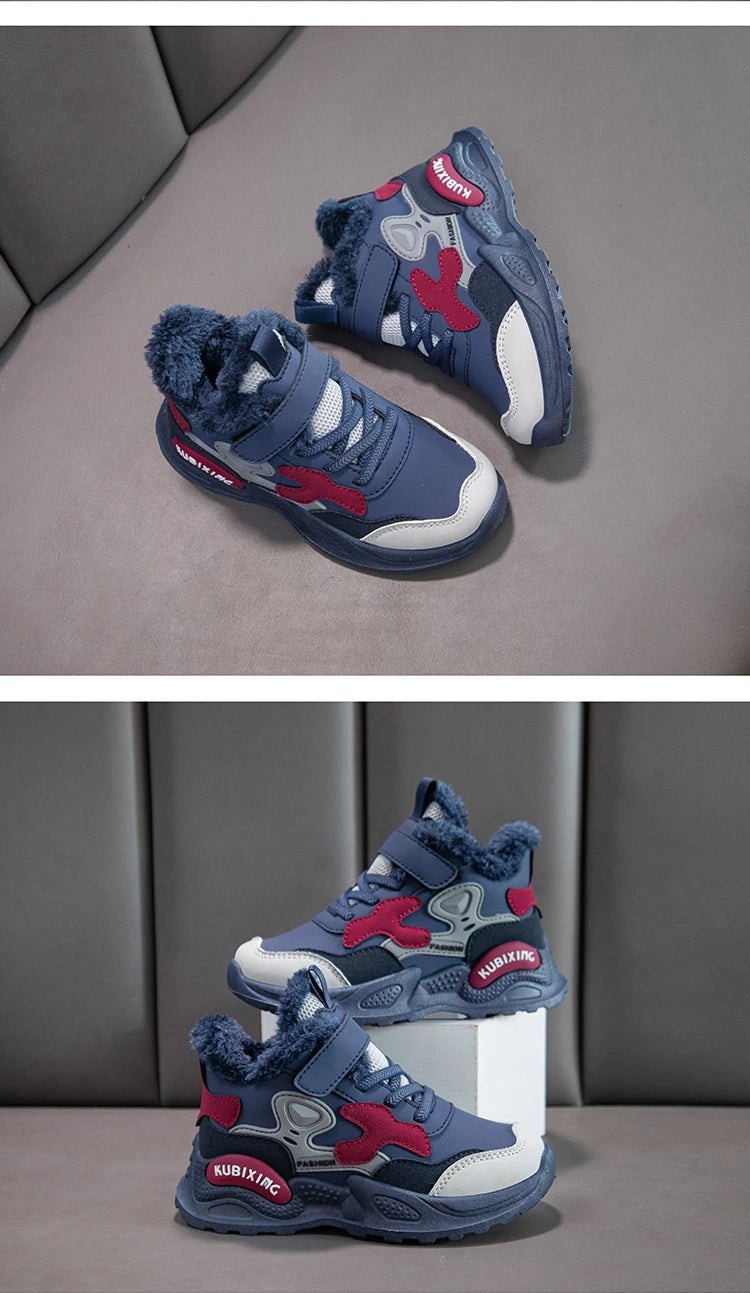 Children Winter Casual Shoes Warm Cotton Sneakers for Kids Fashion High-top Walking Shoe Boys Girls Plush Lining Winter Trainers