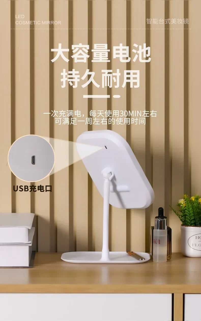 1PCS LED Makeup Mirror, Touch Control 3 Light Modes, Rechargeable Portable Vanity Mirror with Stand & Foldable Design
