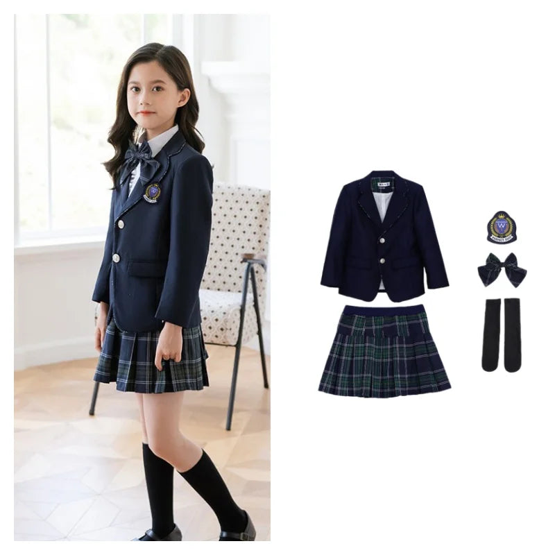 Toddler Student Clothes Sets Kids British Class Outfits Girls Jacket Plaid Skirt Suits Children Formal Dress Boys School Uniform