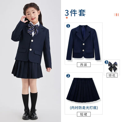Children School Uniform Girls Jacket Pleated Skirts Suits Boys British Student Blazers Pants Kids Formal Dress Class Clothes Set