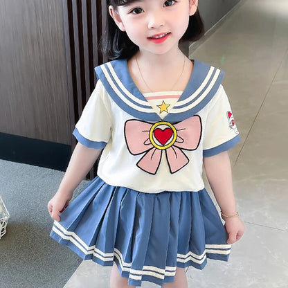 Kids Girls Clothes Sets Cartoon Bow T-Shirts Tops Pleated Skirts Suits Sailor Moon Cosplay Party Custume Children Clothes Sets