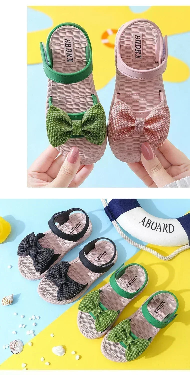 Kids Shoes Summer Sandals for Girls Bow Non-slip Soft Soled Versatile Solid Korean Children Sweet Princess Shoes Beach Sandals
