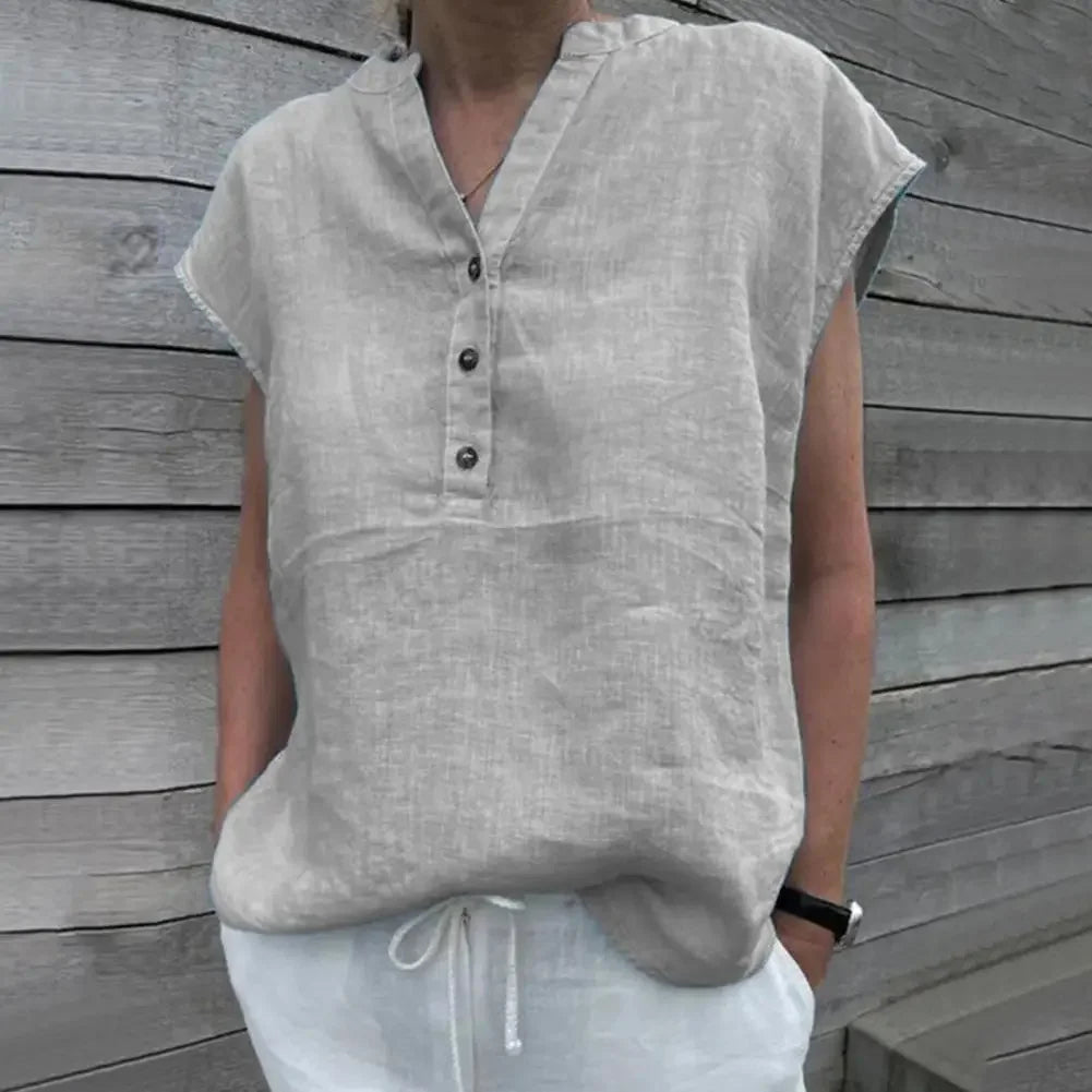 Women T-shirt Cotton Linen Summer Blouse Solid Color Simple Short Sleeve V Neck Quick Dry Daily Clothes Ropa Mujer Blusas