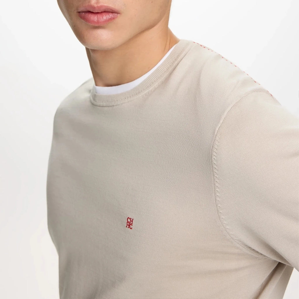 CH Men's  Crew Neck Sweater Slim Fit Long Sleeve Knit Pullover with Red Embroidery Business Casual Top