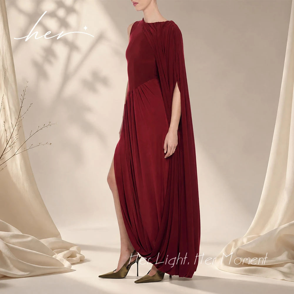 Burgundy Velvet Modest Evening Gown O-Neck Draped Cape Sleeve High Slit Floor Length Formal Party Dresses Wedding Guest Gown
