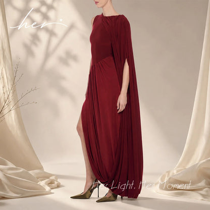 Burgundy Velvet Modest Evening Gown O-Neck Draped Cape Sleeve High Slit Floor Length Formal Party Dresses Wedding Guest Gown