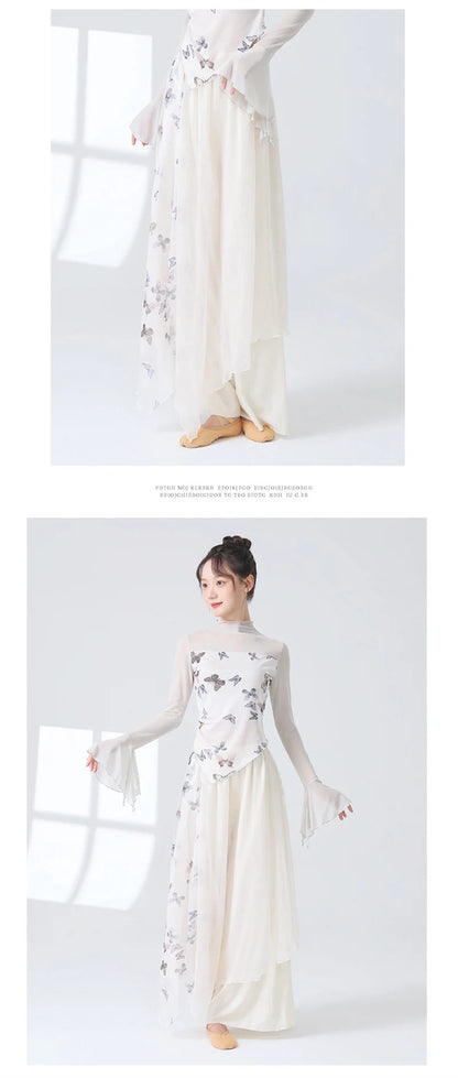 Women 2 Layers Dance Trousers Gauze Print Chiffon Culottes Flowy Skirt Pant Loose Wide Leg Modern Hanfu Elegant Practice Clothes