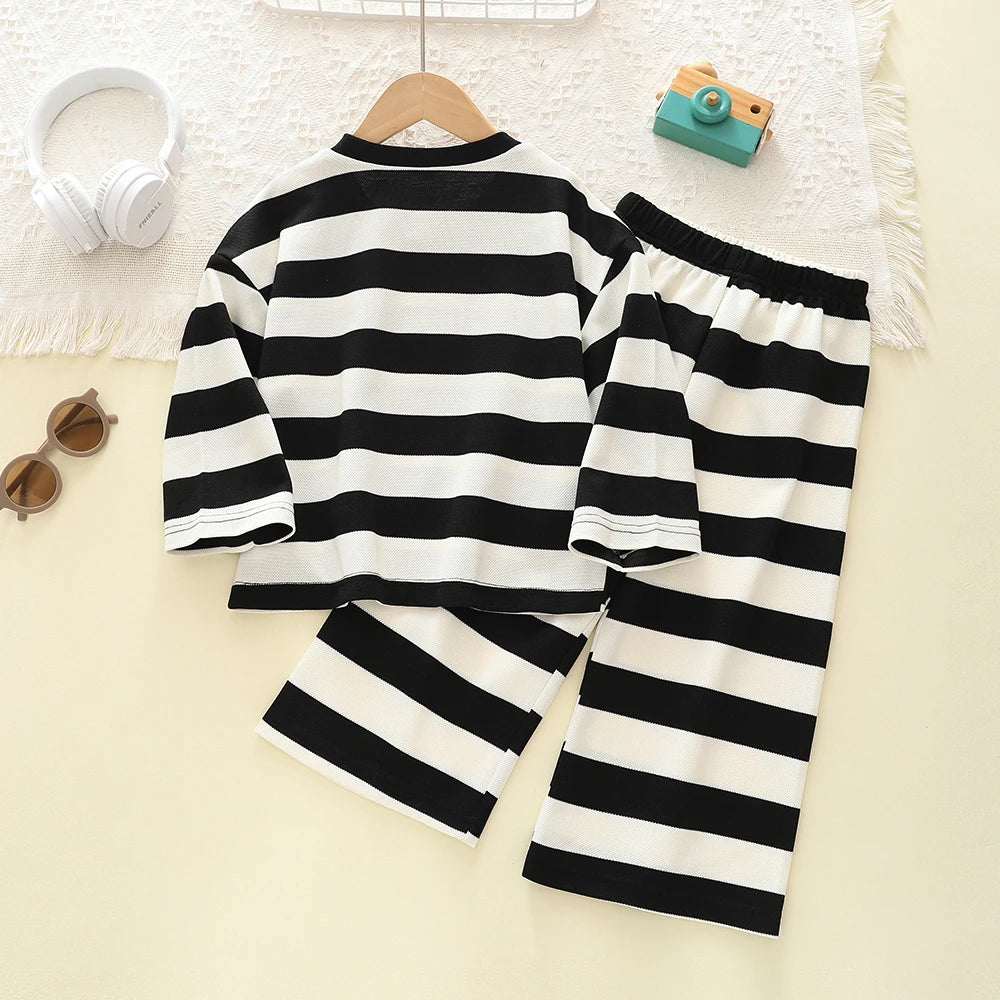 Kids Clothes Girls Autumn Korean-style Black And White Wide-striped T-shirt+Pants sets Children&