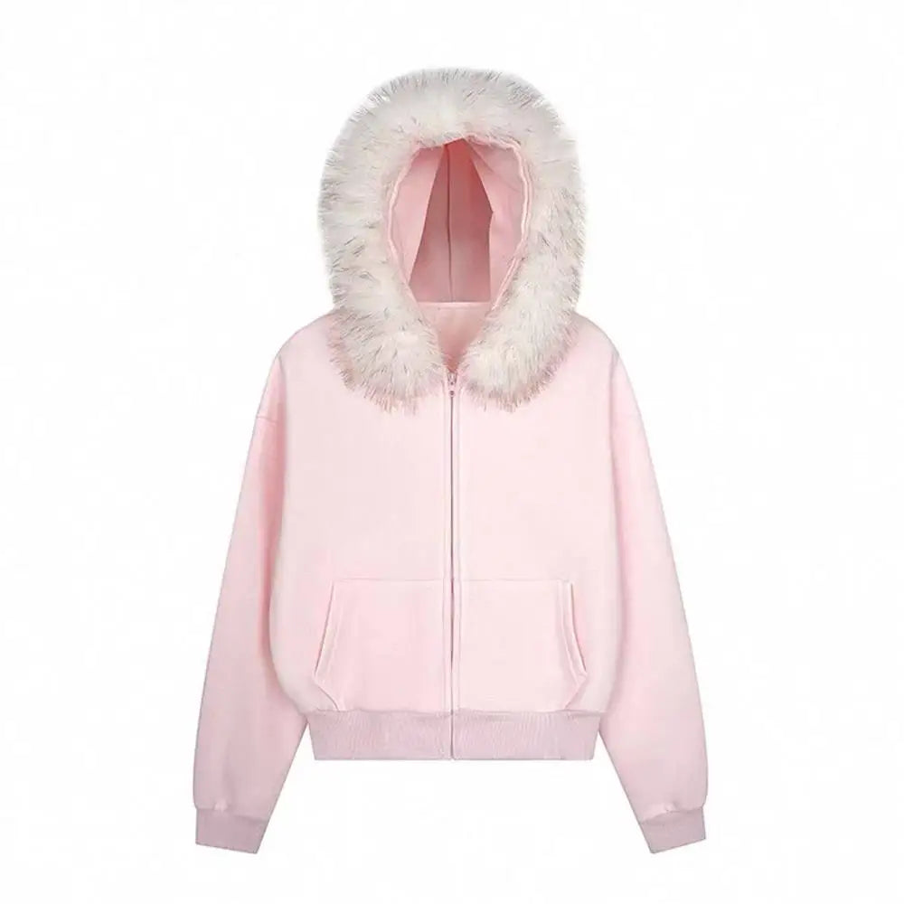 Pink Hooded Sweatshirt Set Women's Winter Loose Fit Thickened Fleece Drapey Wide Leg Pants Two Piece Set Casual Sportswear