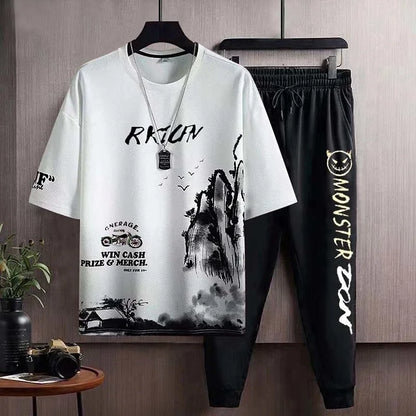 Clothes for Men Slim Fit Chic Basic Kpop Casual Cool Grey Pants Sets Male T Shirt Stretch Loose High Quality 5xl Luxury Xl S Top